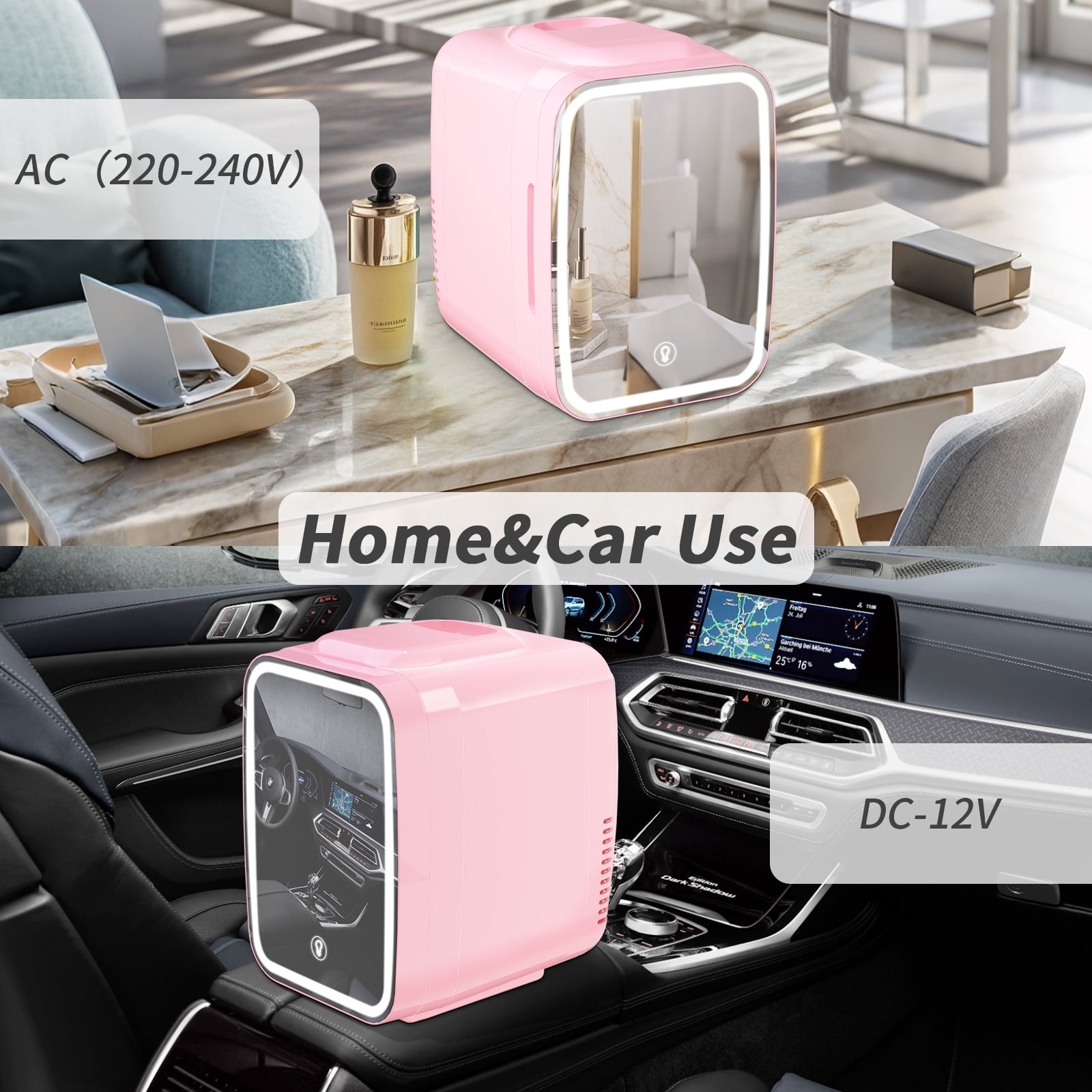 Skincare Fridge Mini Fridge for Bedroom with Dimmable LED Mirror, 4Liter/6 Cans Cooler and Warmer for Makeup, Cosmetic, Beauty, Portable Refrigerator for Bedroom, Vanity, Office and Car- Pink