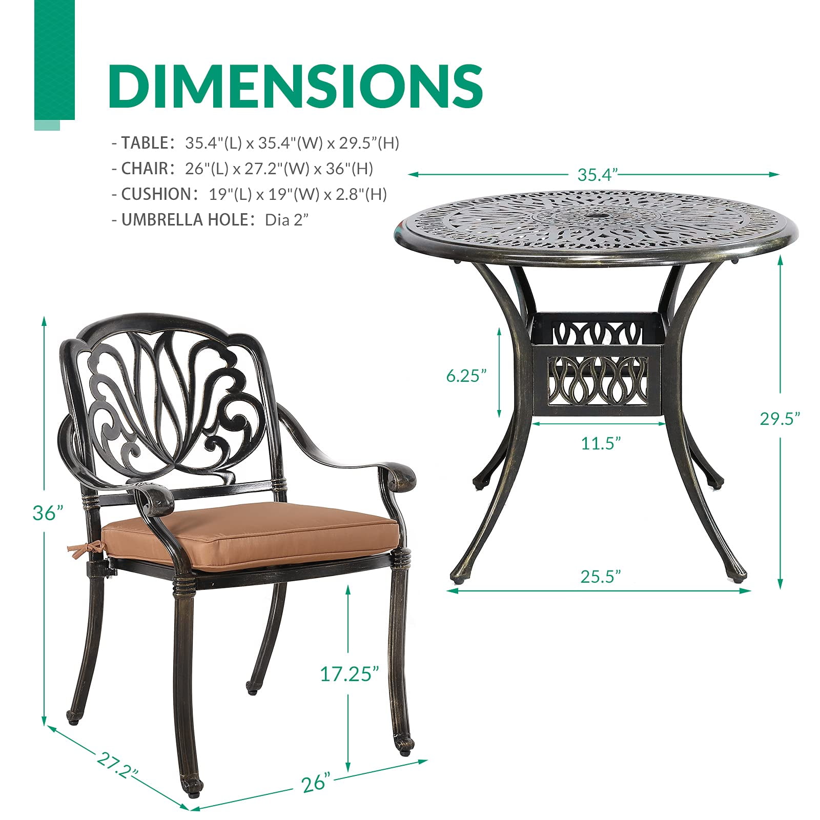 VIVIJASON 5-Piece Outdoor Patio Dining Set, All-Weather Cast Aluminum Conversation Set, Patio Furniture Set for Balcony Lawn Garden Backyard, Include 4 Chairs, a 35.2 inch Round Table w/Umbrella Hole