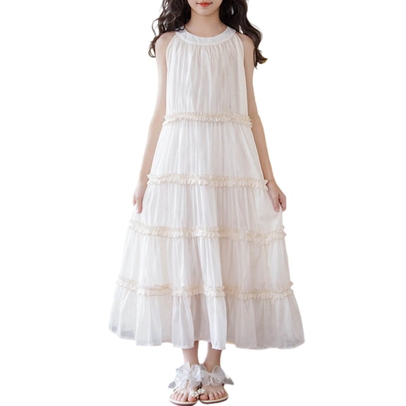 Tween Girls Casual Solid Neck Tiered Dress Sleeveless Ruffle Long Summer Daily Wear for 4-16Y