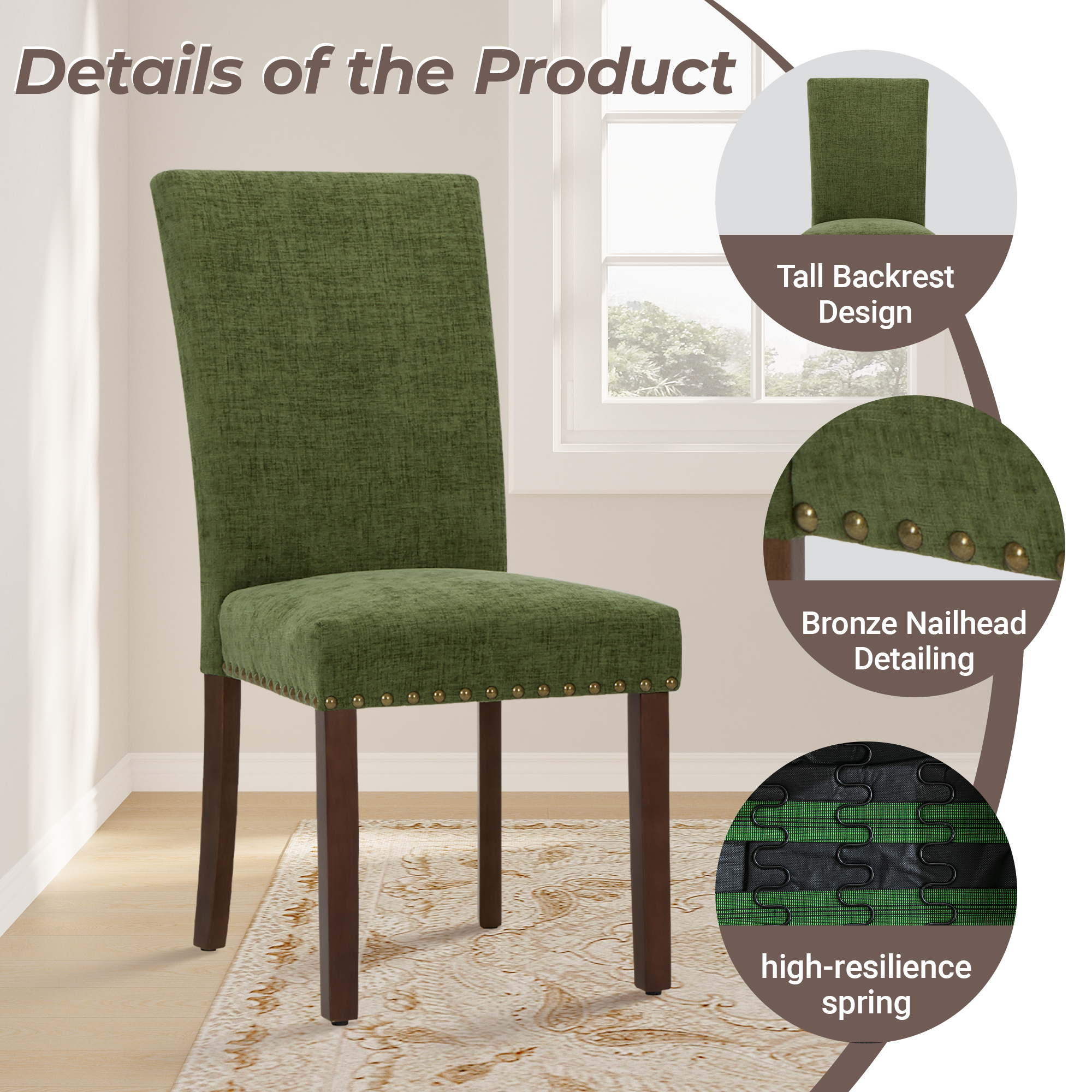 Mid-Century Fabric Dining Chairs Set of 2 with Nailhead Detail and Wooden Legs, Upholstered Side Chairs for Kitchen and Dining Room – Green
