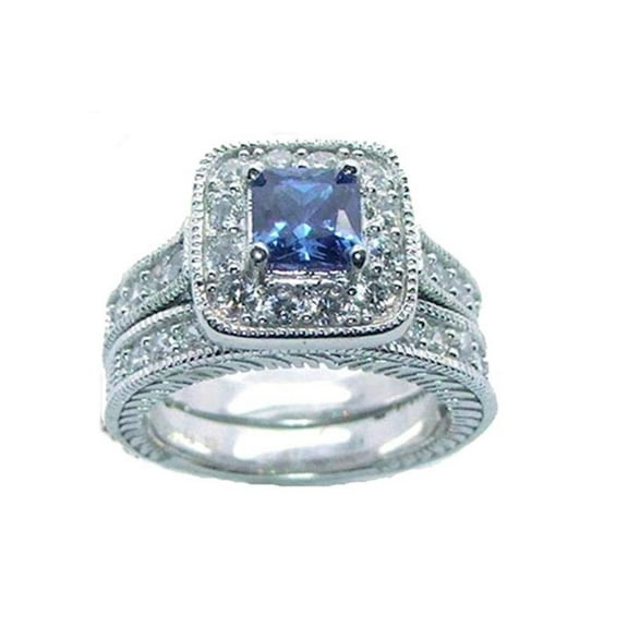 Women's 2.50 ct Halo Sapphire Blue Cz Sterling Silver Rhodium Plated Wedding Ring Set
