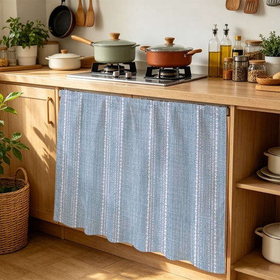 Periwinkle Blue Striped Cabinet Curtains 35" W x 35" L, Coastal Grandma French Rustic Linen Texture Under-Desk Privacy Dust Proof Drape Dishwasher Curtain Sink Skirt for Kitchen Closet Bathroom