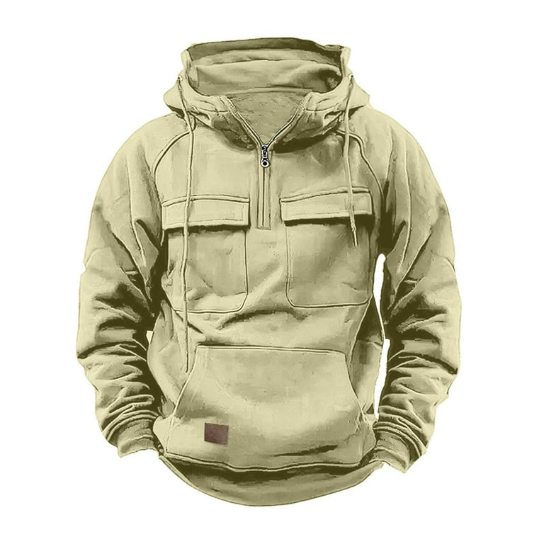QATAINLAV Mens Tactical Hoodies Quarter Zip Hooded Sweatshirt Workout Cargo Hoodie Long Sleeve Drawstring Pullover Sweatshirts with Multiple Pockets Today Prime Deals Beige L Walmart