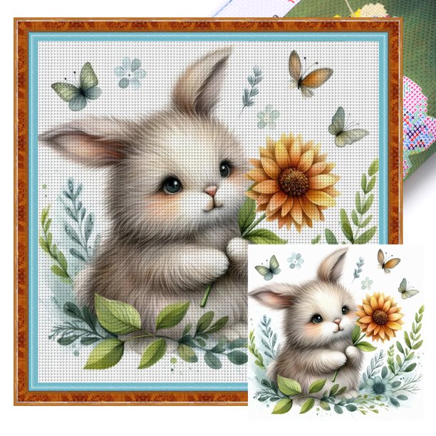 Kit Punto Cruz Conejo Impreso Hilo Algodón Ecológico Bordado 11CT 40x40cm