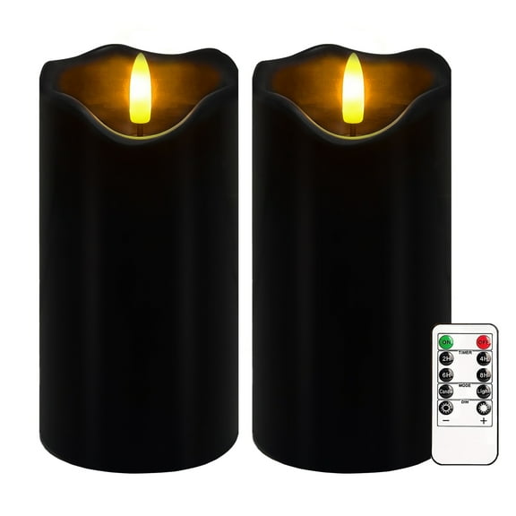 Black Flameless Candles, Set of 2 6"x3" Flickering LED Candles with Remote & Timer, Dimmable Real Wax Electric Pillar Candles Battery Operated, Flameless Candles Light for Home Halloween Decor