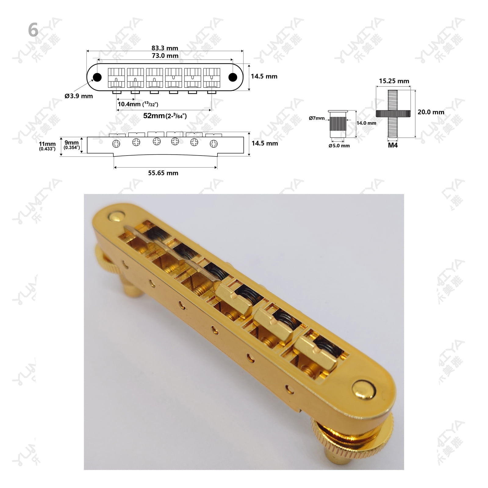 Guitar Fixed Saddle Bridge Tailpiece Set with ABR-1 Style Tune-O-Matic Bridge Gold for ABR LP SG EPi Electric Guitars
