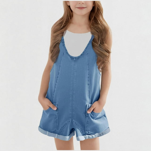 MKOSPLRT Girls' Denim Overall Jumpsuits Shorts Sleeveless V Neck Adjustable Straps Jeans Pants Backless Solid Jumpers with Pockets 5-14Y