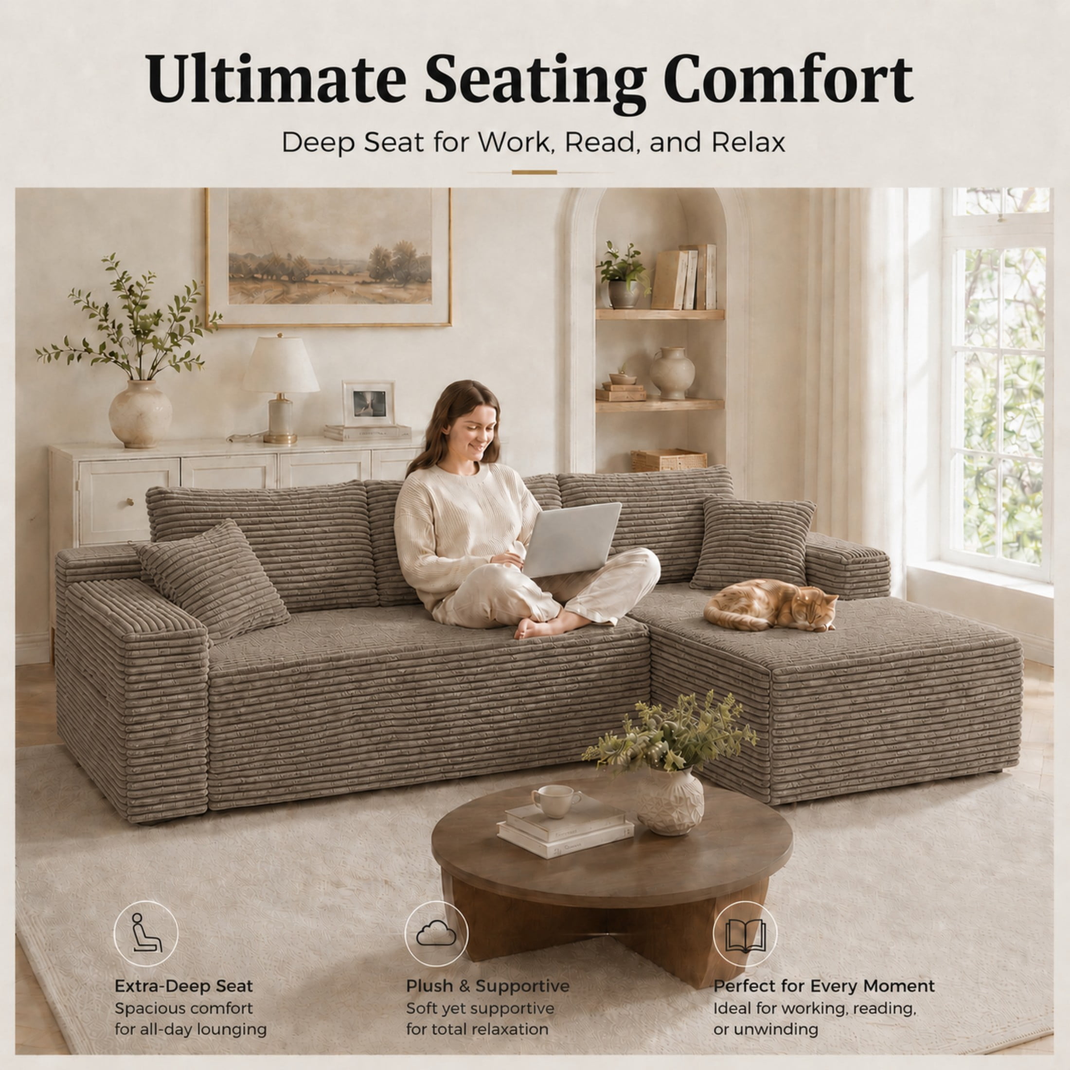 Aenkyo 106 Inch Corduroy L-Shaped Cloud Sectional Sofa with Reversible Chaise, Camel