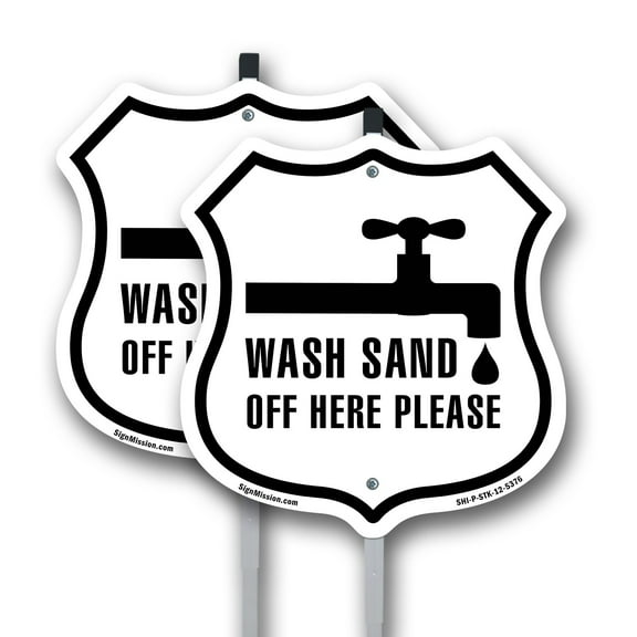 Wash Sand Off Here Please (2 Pack) 12 inch X 12 inch Shield Shaped Rust-Free Aluminum Metal Signs with Aluminum Mounting Stakes Weather Resistant Made in the USA