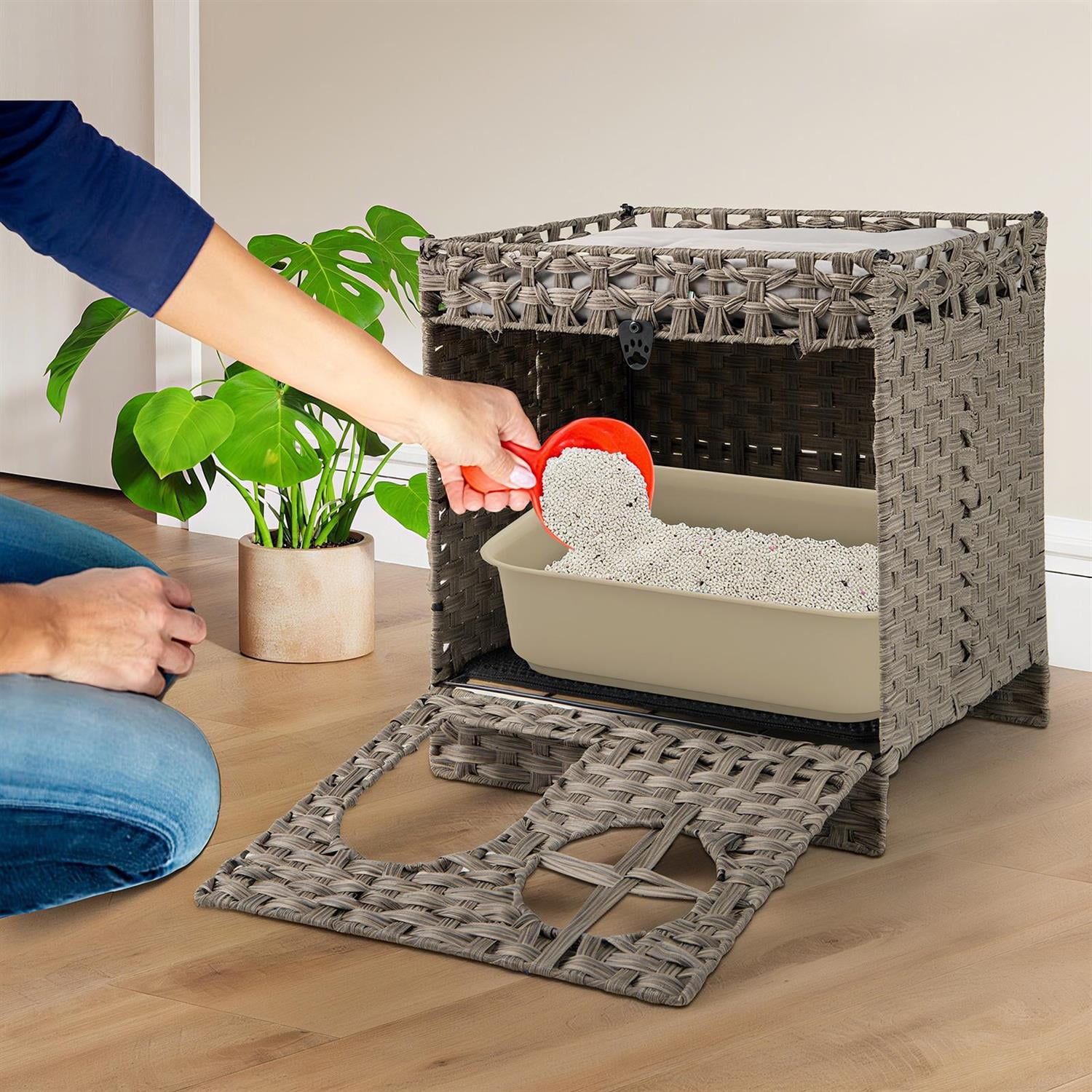 Pefilos Foldable 2-Tier Rattan Cat Litter Box Enclosure, Litter Mat & Top Perch, Tool-Free Assembly, Grey