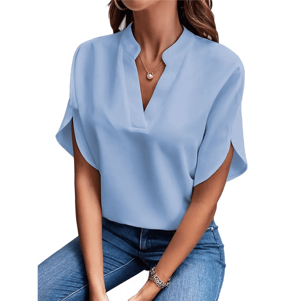 Blusa de para Mujer, Cuello en V, Estilo Túnica Elegante. Azul XXL