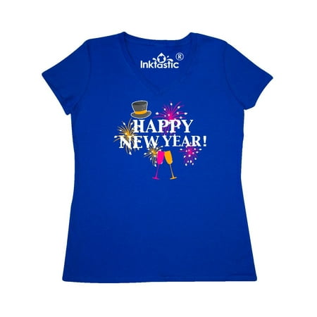- Happy New Year with Hat Fireworks and Wine Glasses Women's V-Neck T-Shirt