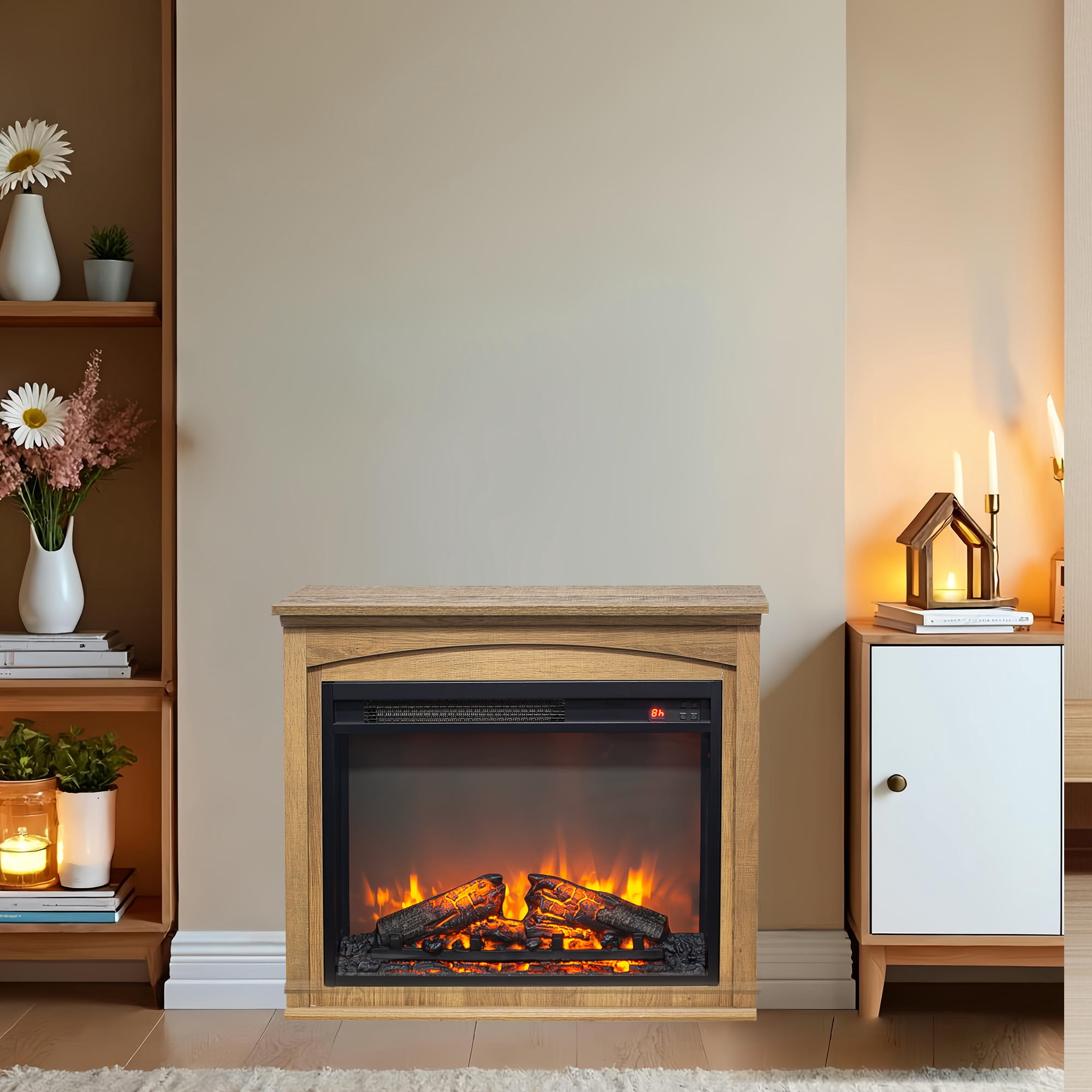 27" Fireplace TV Stand with Mantel, Farmhouse Console Table with Adjustable LED Flame, Heater, Freestanding Electric Fireplace for Living Room,Bedroom