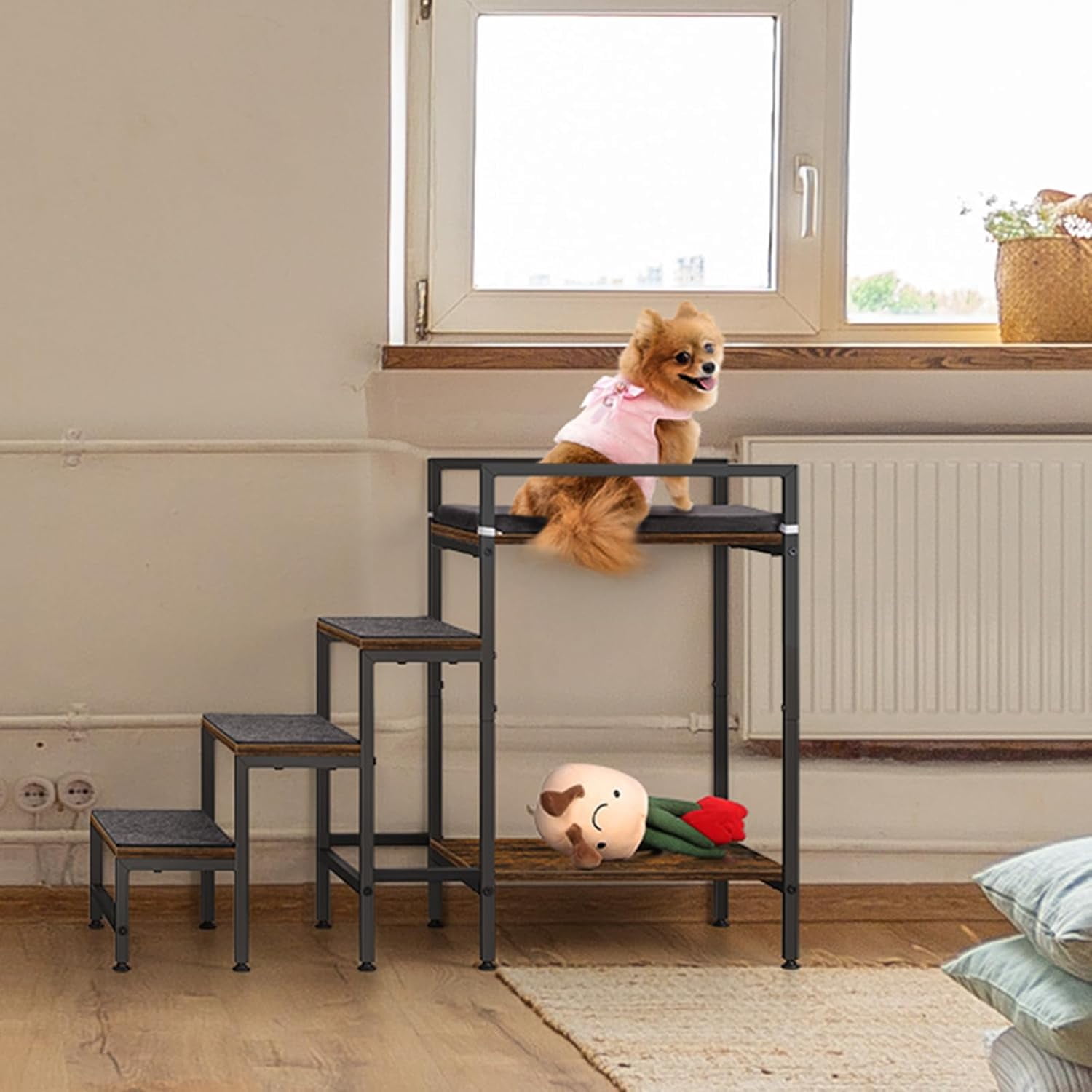 Pet Window Perch with Stairs, 4-Step Dog Bunk Bed for Small Dogs and Cats, Brown MDF Metal Frame