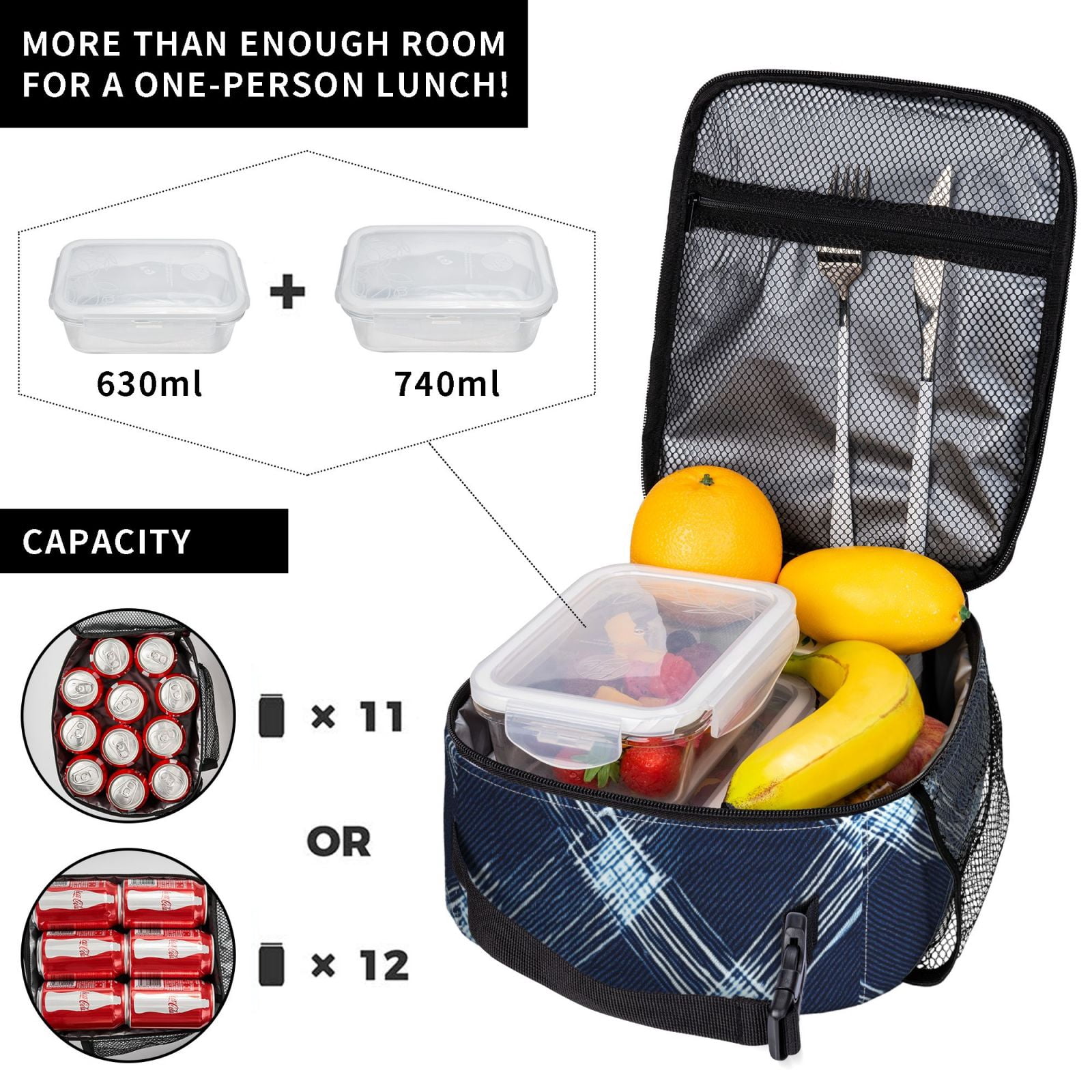 Lunch Bag For Women Men Insulated Portable Lunch Box Bento Box Office Picnic Travel Cooler Bag Argyle Plaid Deepskyblue_4