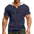 thumbnail image 3 of Men's Summer Short Sleeve Hooded Sweatshirt with Zipper Pocket, Oversized Casual Pullover for Sports, Warm Weather,Navy,2XL, 3 of 6