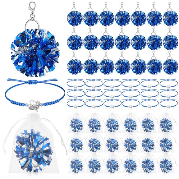 Set de 20 Brazaletes y Llaveros de Pompones Azules y Plateados para Porristas