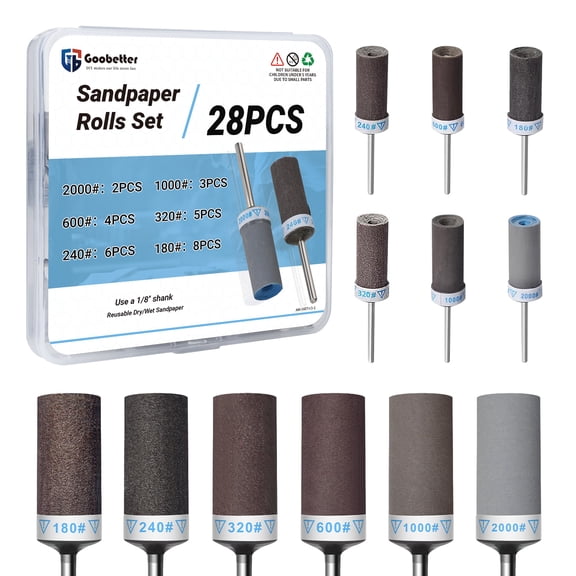 GARGENTOL 28Pcs Sanding Drum Kit for Dremel Rotary Tool with 1/8" Shank,Sandpaper Sticks Set for Metal Wood Stone Polishing Grinding,180/240/320/600/1000/2000 Grits