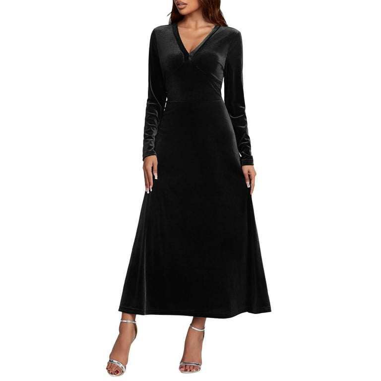 fitted lace wedding dress Black Wide V Neck Long Sleeve Velvet Midi Dress – shopaleena main image 0