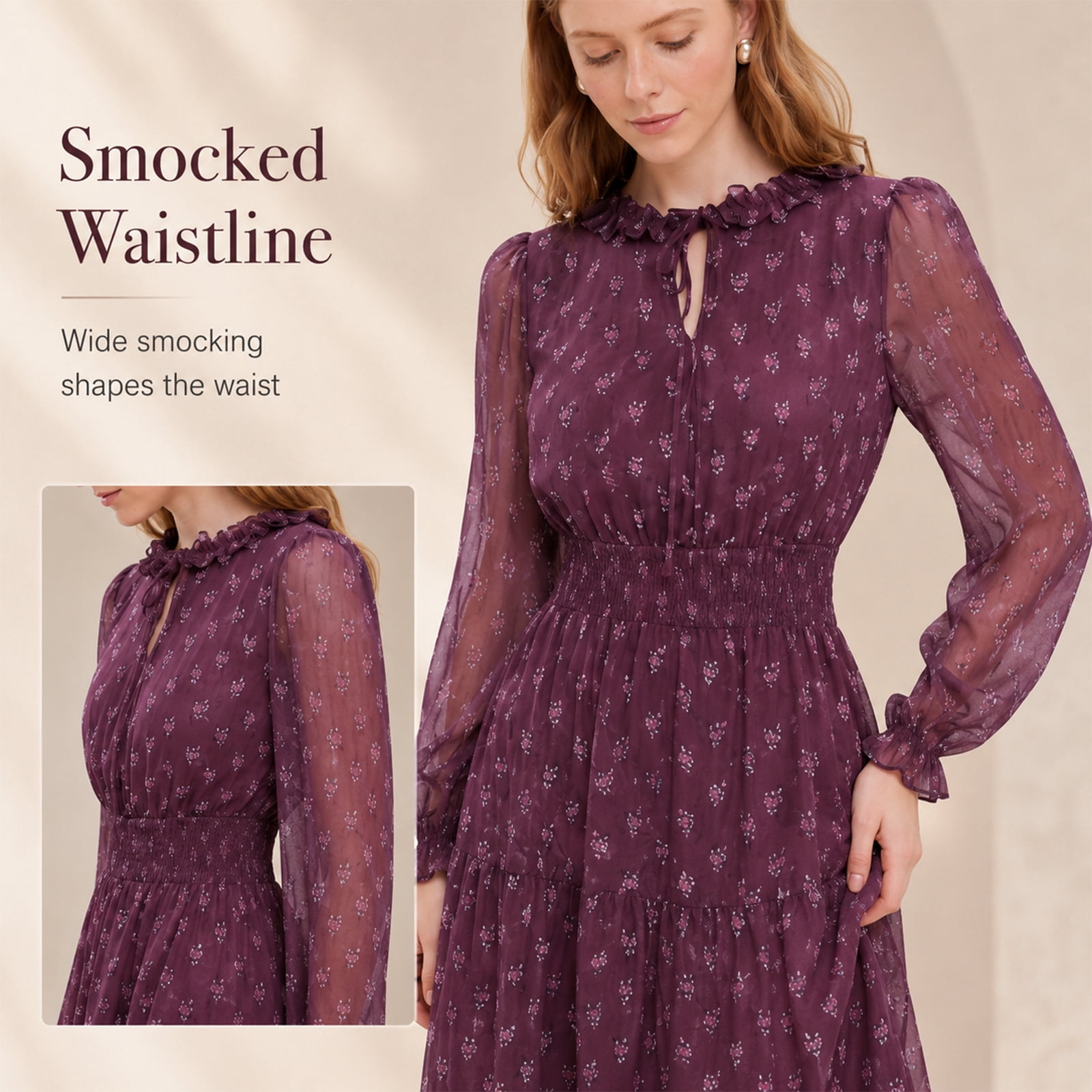 Alvantor Women's Midi Dress, Long Sleeve Ruffle Tie Neck Smocked Waist Tiered Jacquard, Burgundy Multi