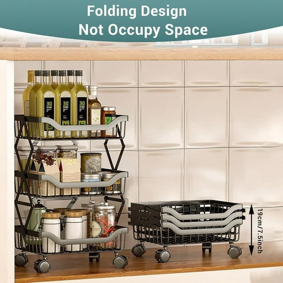 Yucurem 3 Tier Fruit Basket, Stackable Kitchen Cart Wheels, Metal  Rolling Cart for Vegetable, Snacks, Black