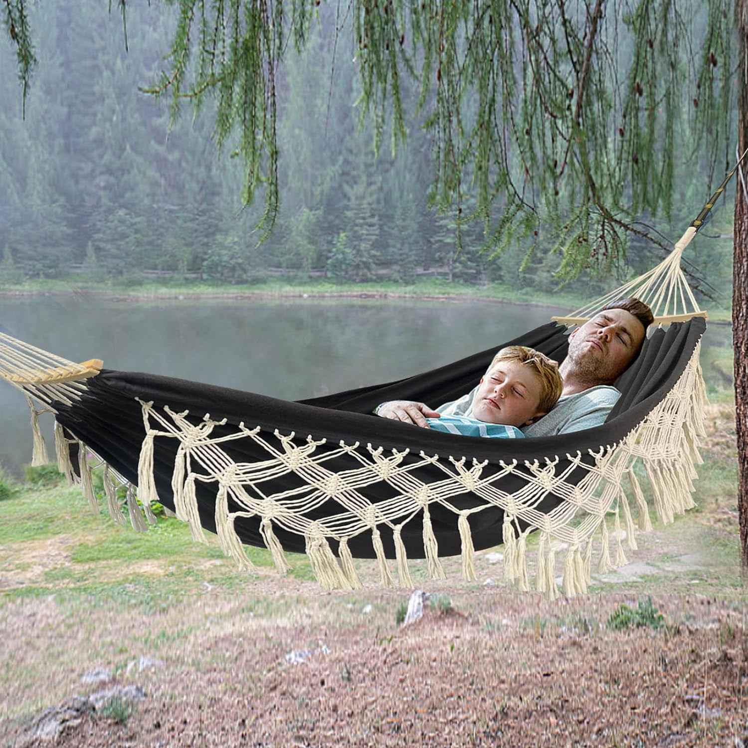 Wnngxing Macrame Fringe Double 2-Person Hanging Swing Hammock, Black