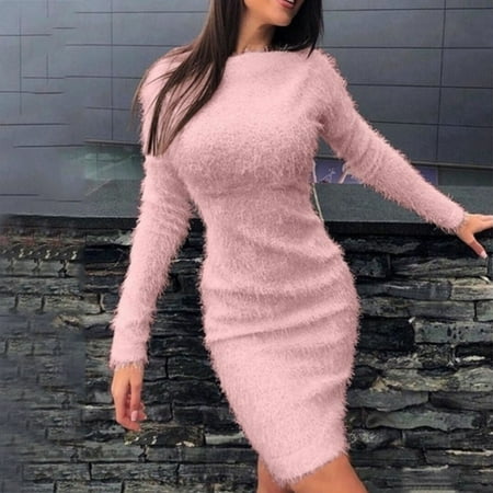 MRULIC dresses for women 2022 Women's Dress Ladies Autumn Winter Knit Turtleneck Long Sleeves Solid Color Slim Plush Sweater Dress Women's Casual Dress Pink + M