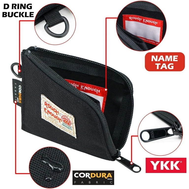 Rough Enough Small Coin Purse Pouch Change Purse for Coins Men Teen Boys Slim Wallet Card Holder with Zipper Neck Lanyard Keychain in Black Cordura