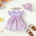 thumbnail image 2 of Kucnuzki Infant Baby Girl Clothes 18 Months Spring Summer Dress 24 Months Fly Sleeve Fake-Camisole Stitching Floral Prints Dress Hat&Headband 3PCS Set Purple 18-24 Months, 2 of 5