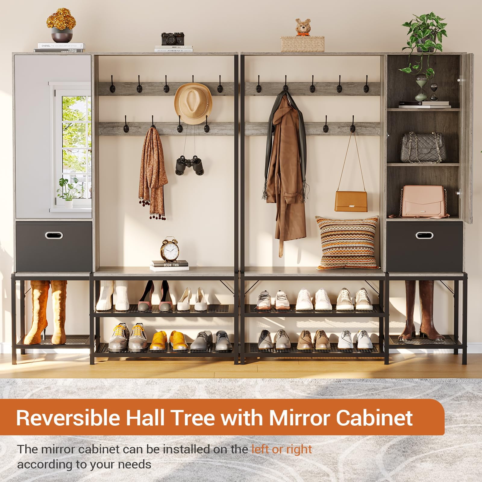 Coat Rack with Mirror Cabinet Industrial Entryway Bench with 9 Hooks and Fabric Drawer Grey Walmart