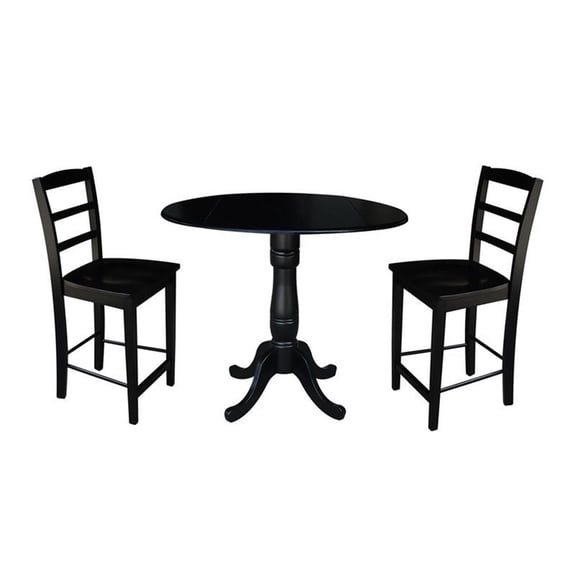 International Concepts 3-Piece Black Solid Wood Gathering Height Dining Set with 42" Dual Drop Leaf Round Pedestal Table and 2 Counter Height Stools