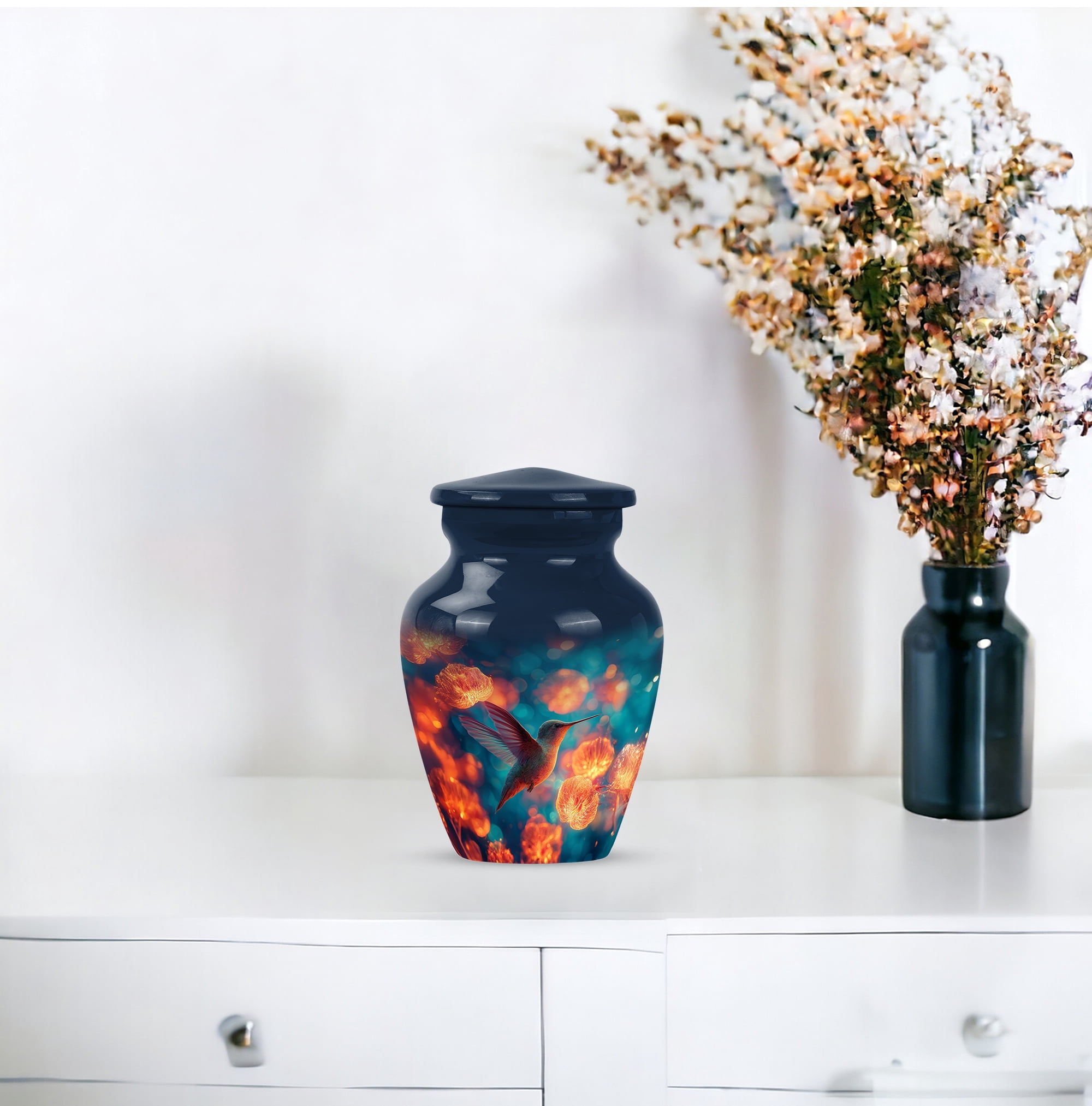 Humming Bird Burial Urns For Male - Orange Keepsake Cremation Urn For Ashes For Women - Tiny Flower Urn For Mom - Blue Decorative Urns For Human Ashes 3 Inch