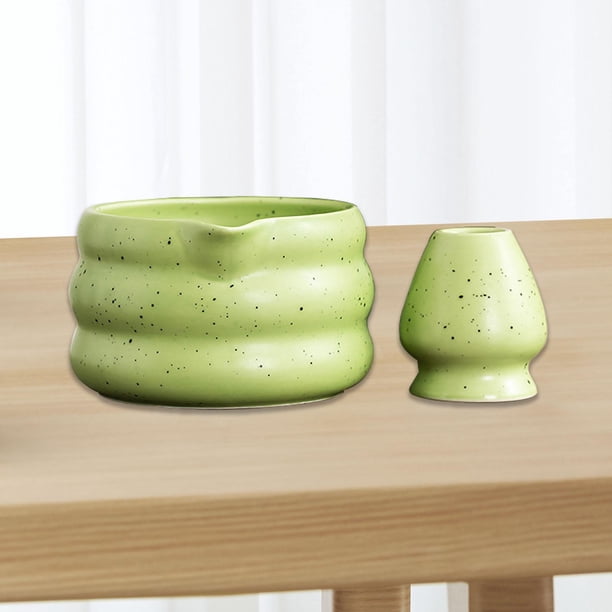 Tazón de té Matcha de 2 piezas con soporte para batidor, batidor de cerámica artesanal de superficie lisa, de Matcha hecha a mano para