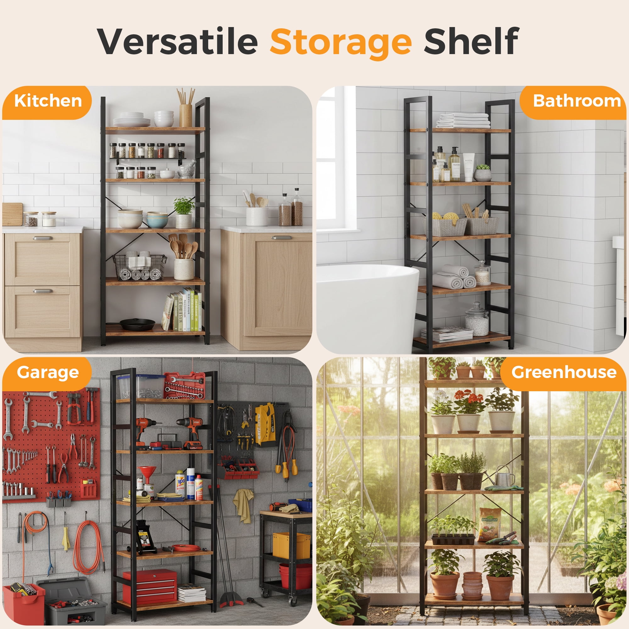 CONCETTA 5 Tier Bookshelf, Modern Bookcase Storage Organizer for Home Office, Rustic Brown