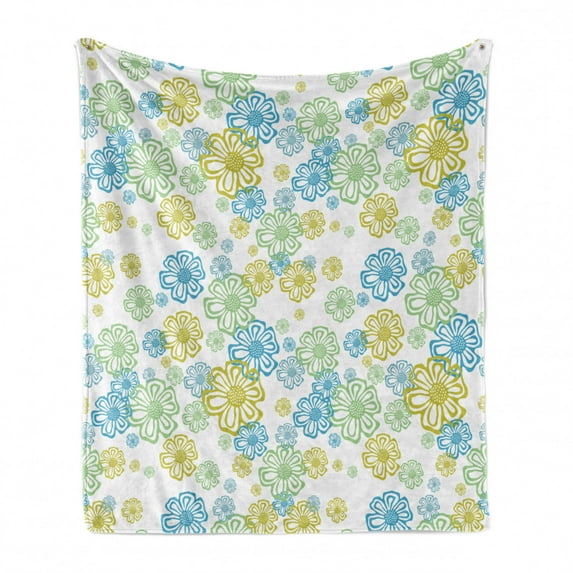 Flower Soft Flannel Fleece Blanket, Ornate Floral Endless Pattern with Flowers Flourish Modern Doodle Style, Cozy Plush for Indoor and Outdoor Use, 70" x 90", Blue Green Apple Green, by Ambesonne