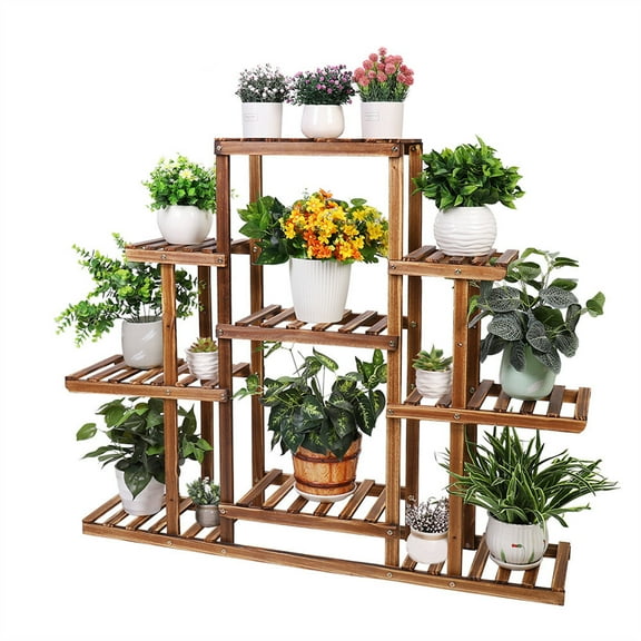 SSyao Wooden 9 Tier Plant Stand Flower Rack Shelf Bonsai Pot Holder Home Garden Corner