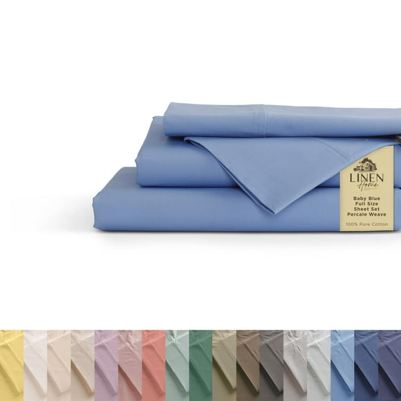 Draps en Percale 100 % Coton Taille Complète, Bleu Bébé, Poches Profondes, Ensemble de Draps 4 Pcs - 1 Drap Plat, 1 Drap-Housse à Poches Profondes et 2 Taies d'Oreiller, Linge de Lit Frais et Solide