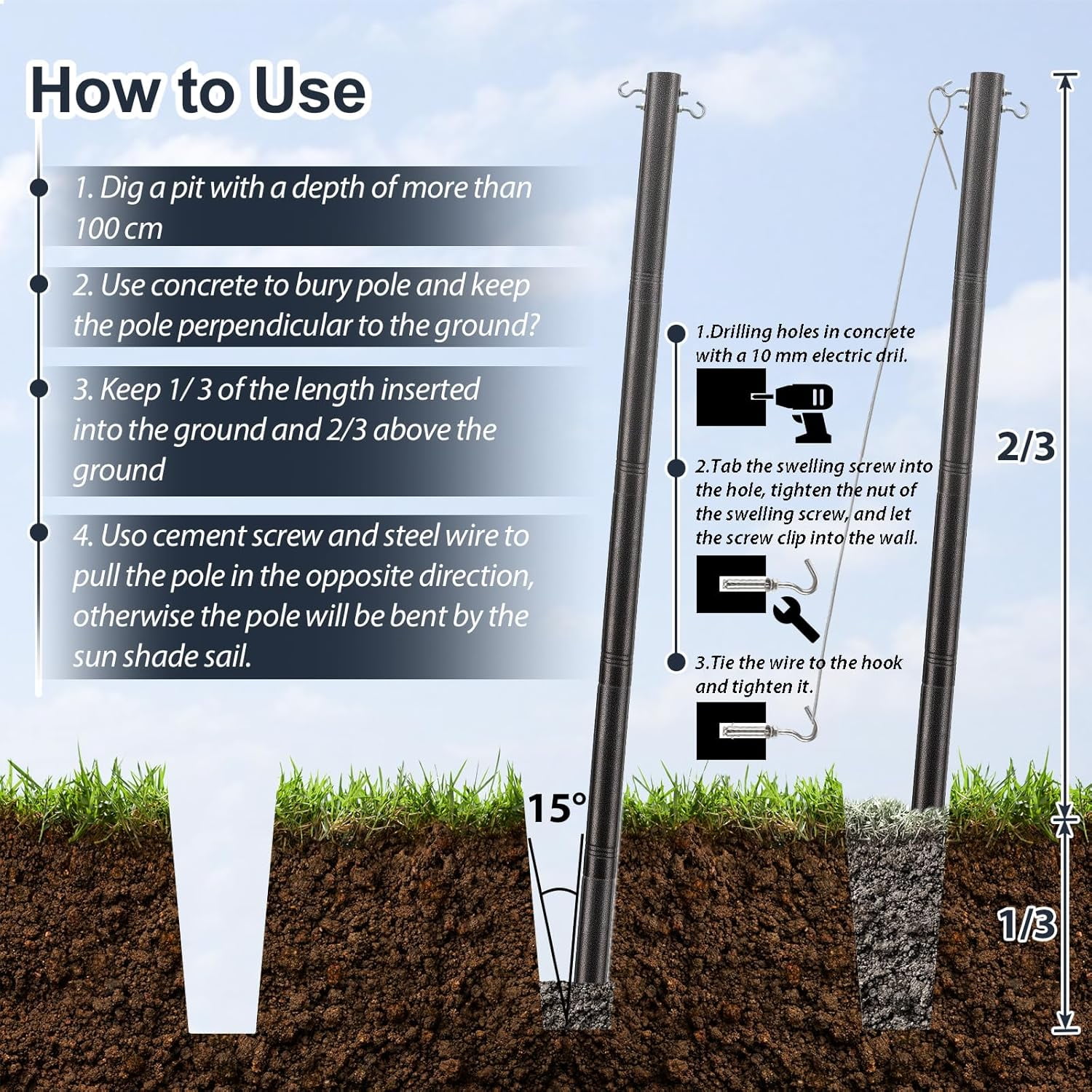 FLY HAWK Shade Sail Poles Kit, 9ft Heavy Duty Sun Shade Sail Pole Adjustable Metal, 2.5in Thick Diameter Outdoor Sail Shade Pole for Garden Patio Backyard Lawn and String Light, Black