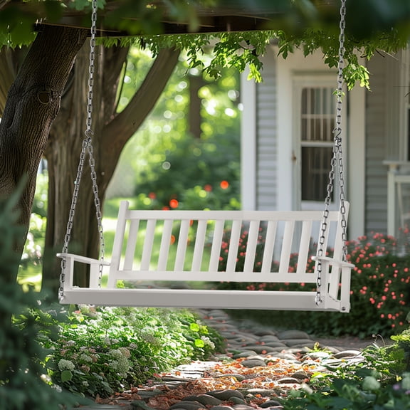 VEIKOUS 3-Seat Outdoor Hanging Porch Swing Bench with Chains, White