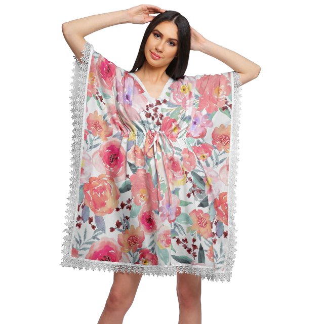Moomaya Robe Courte de Caftan de Plage, Robe de Couverture Imprimée, Kaftan pour Femmes, Tenue de Plage, Couverture