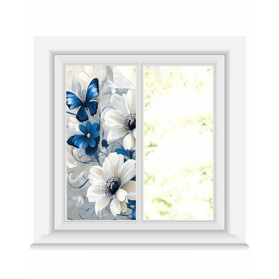 Window Privacy Film White Blue Flowers Stained Glass Window Film Decorative Sun Block Window Cover Modern Elegance Butterfly Floral Window Clings Static Adhesive Sticker for Bathroom 19.6"x39.3"