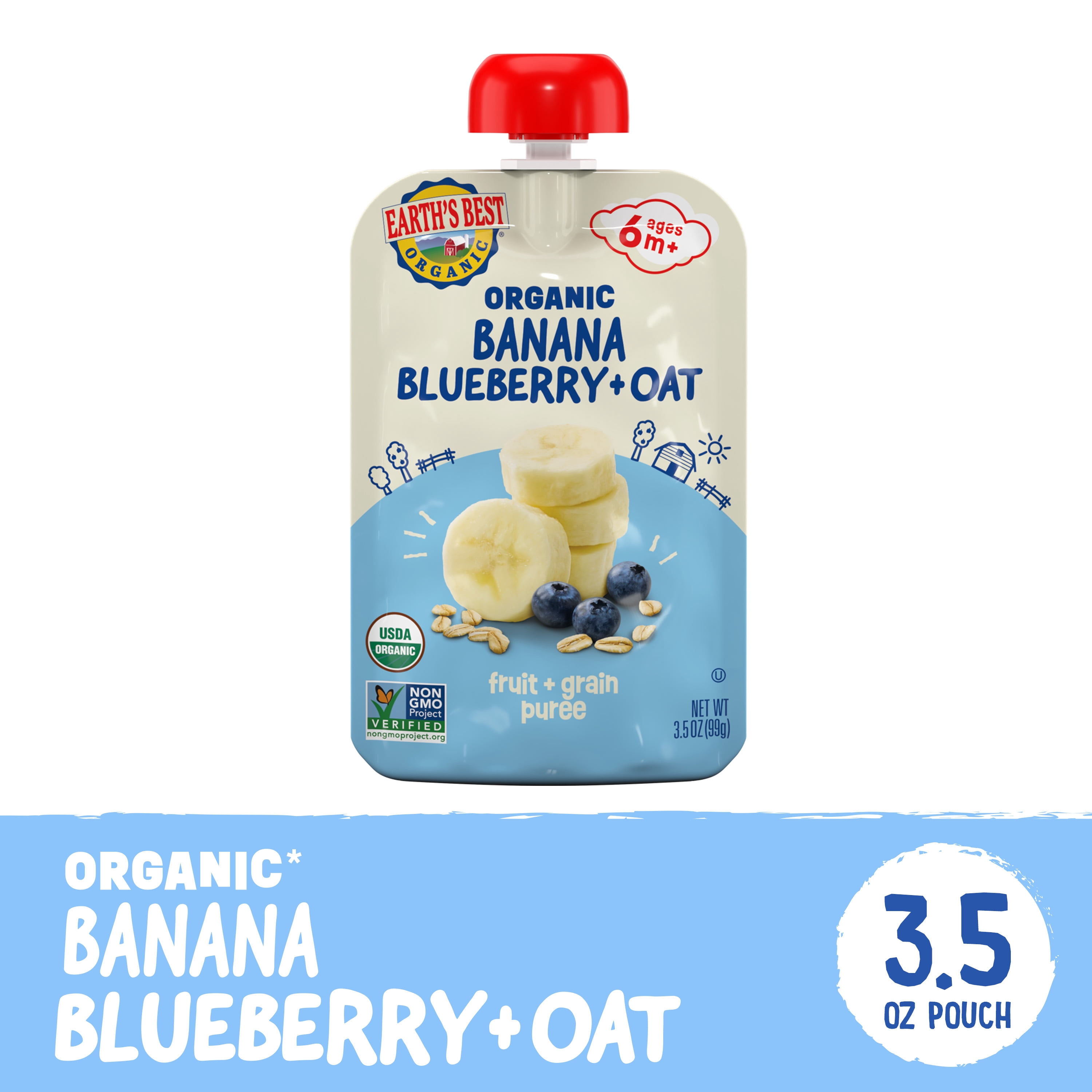 (12 pack) Earth's Best Organic Stage 2 Baby Food, Banana Blueberry Oat Fruit & Grain Puree, 3.5 oz Pouch
