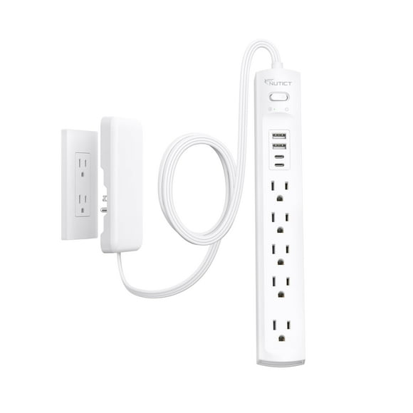 Cable de extensión plano, regleta de alimentación NUTICT de 10 pies con 5 salidas, 4 USB