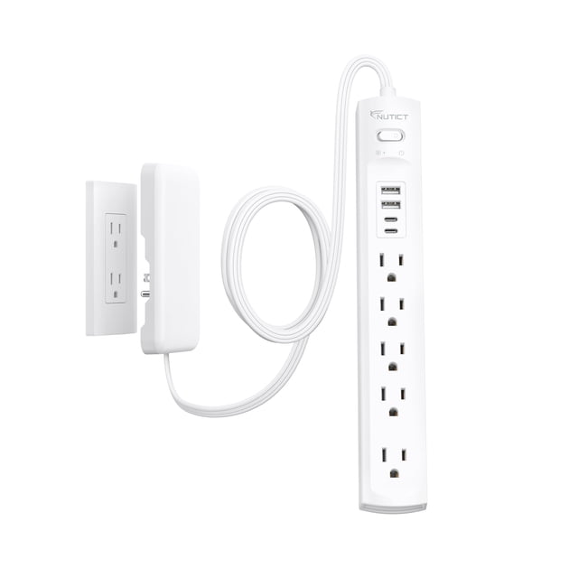 Cable de extensión plano, regleta de alimentación NUTICT de 10 pies con 5 salidas, 4 USB