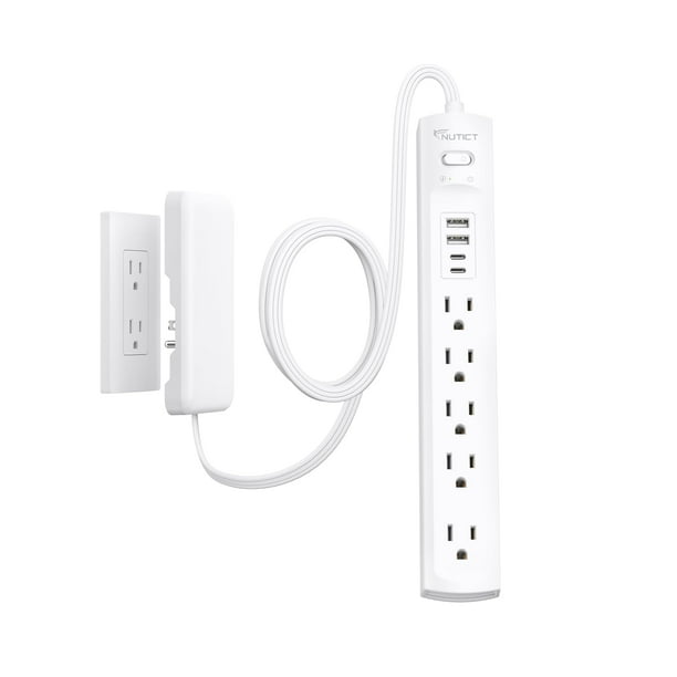 Cable de extensión plano, regleta de alimentación NUTICT de 10 pies con 5 salidas, 4 USB