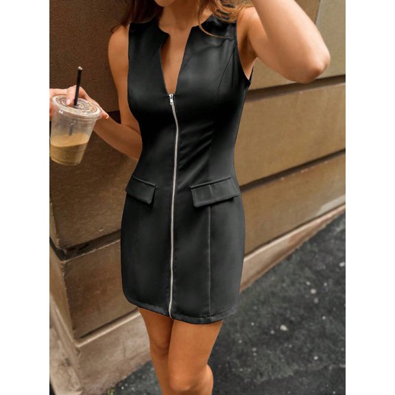 Women's Sleeveless Solid Color Zipper Decor Casual Dress, Minimalist Dress Suitable For Daily Wear, Dates, And Vacation Elegant Summer