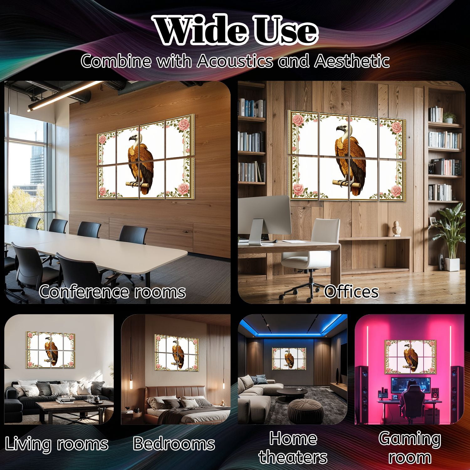 8 Pack Art Acoustic Panels Sound Absorbing Vulture Elegant Floral Border Decorative Soundproof Wall Panels Self Adhesive for Nursery Game Room Bedroom 48"x32"
