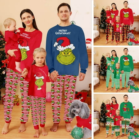 

Family Matching Christmas Pajamas Gr1nch Printed 2 Piece Set for Women Cotton Jammies Men Sleepwear Long Sleeve Pjs