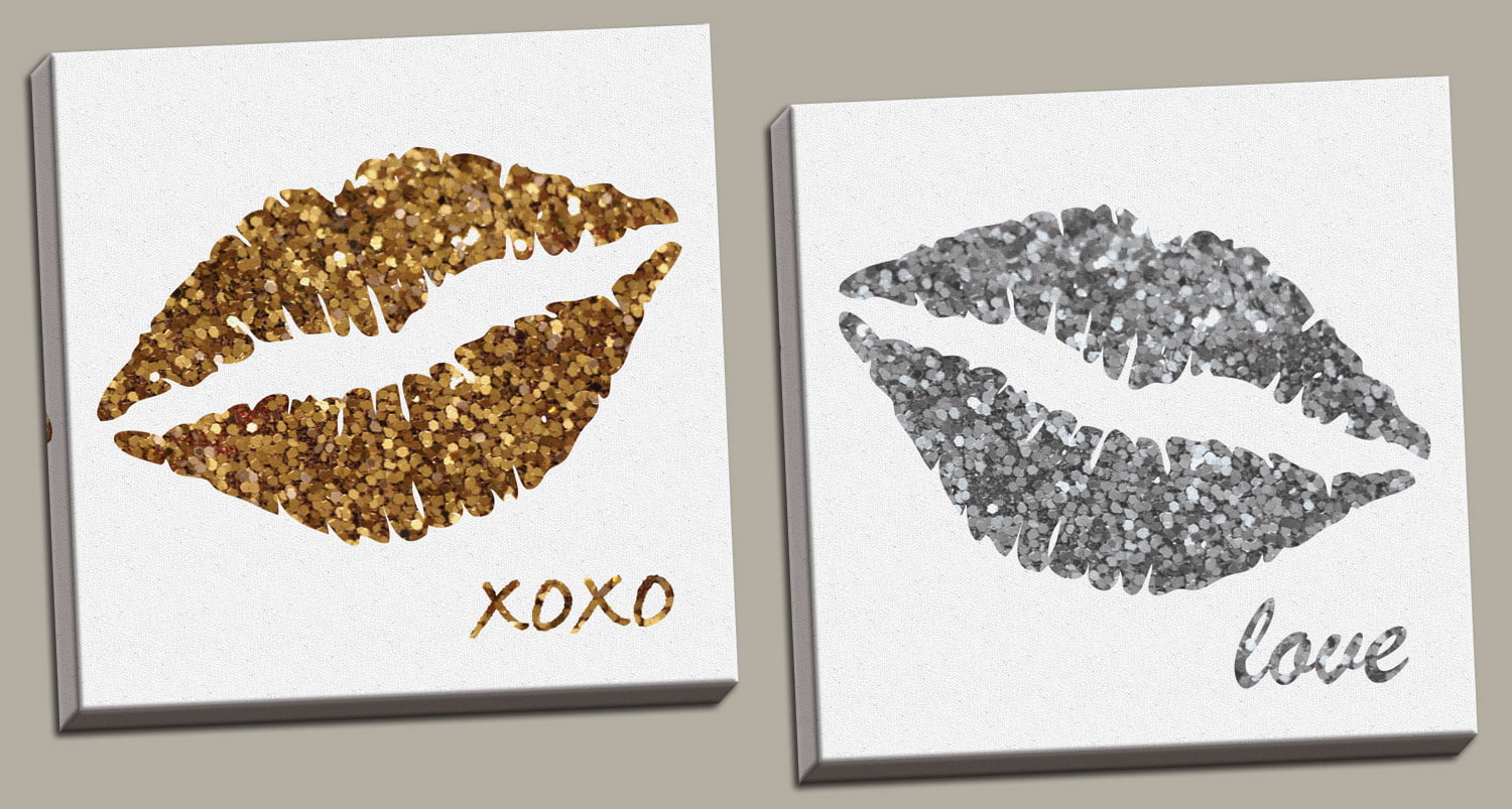 Fun, Popular Glitter Kiss; and Silver Lips with XOXO and Love, Two 12x12in Stretched Canvases; Ready to - Walmart.com