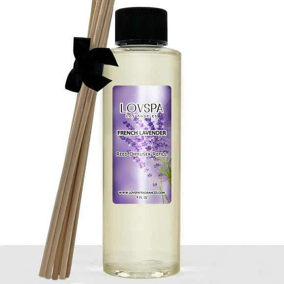 LOVSPA French Lavender Reed Diffuser Oil Refill with Replacement Reed Sticks | Provence Lavender Geranium and Clary Sage Essential Oils 4 oz | Made in The USA
